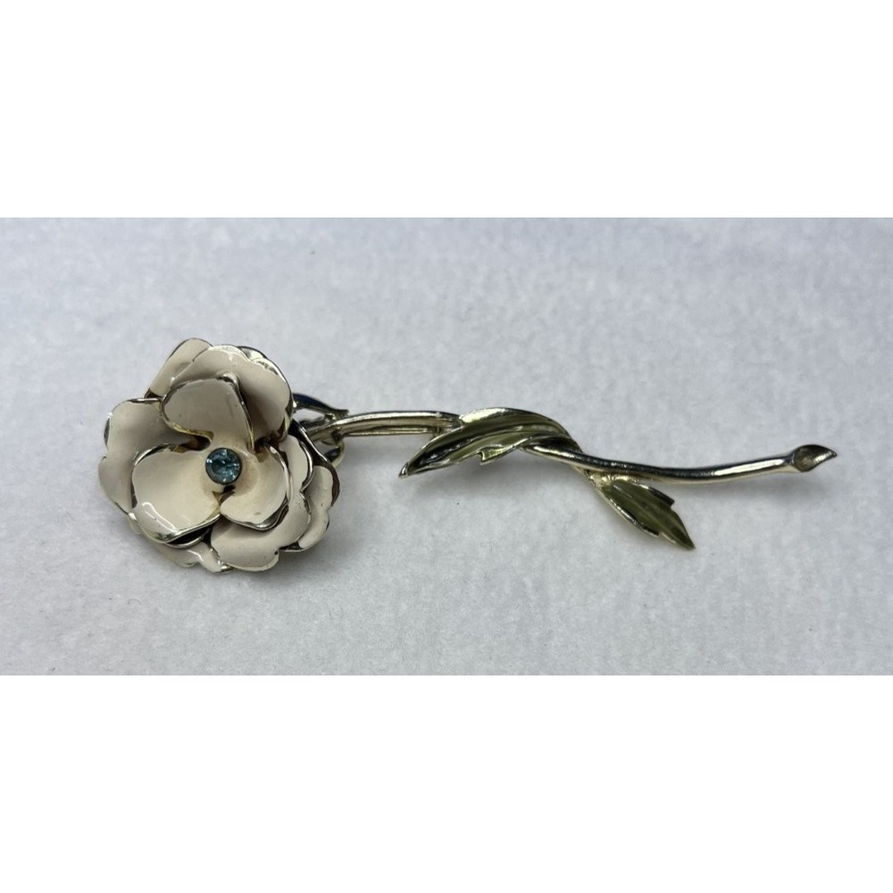Vintage Coro Cream Enamel Rose Flower Brooch Pin Gold Tone Stem Blue Rhinestone